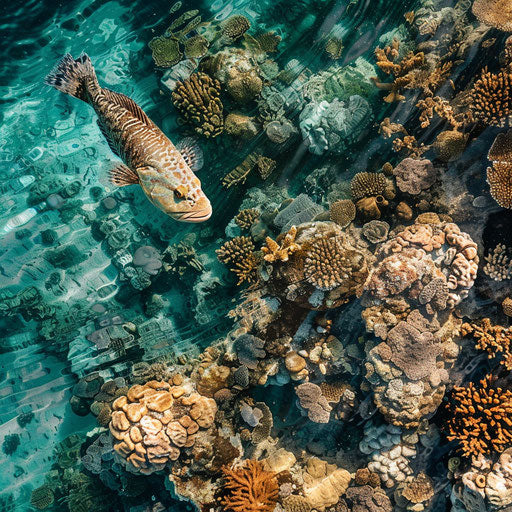 Aerial view of a Warsaw grouper swimming over a colorful coral reef