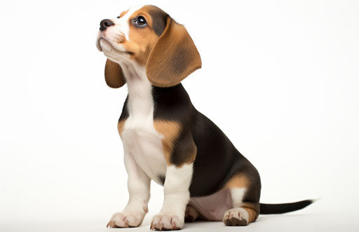 Beagle puppy gazing upwards on white backdrop