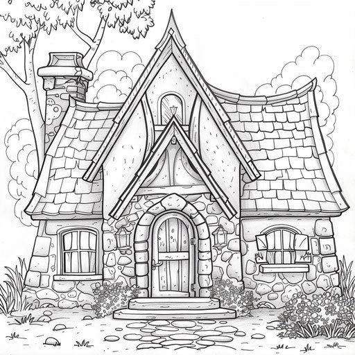 A house with a triangular roof, a door, and two windows. Coloring book page