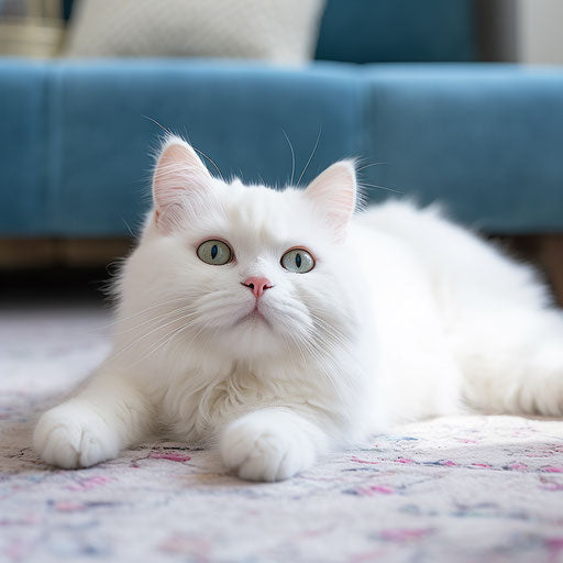 White cat lying on a carpet