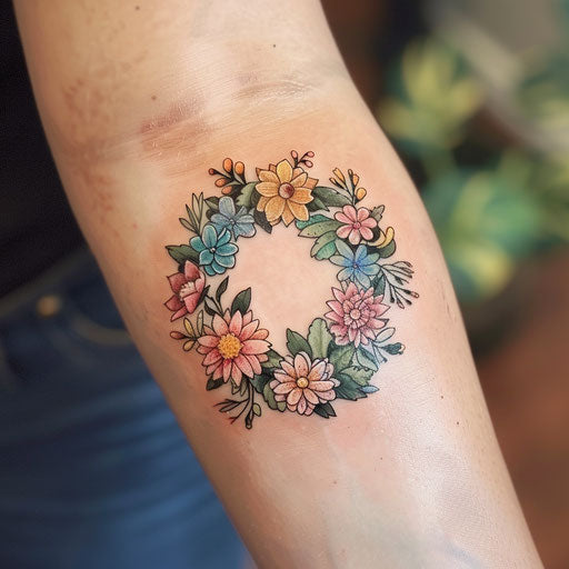 Elegant flat tattoo sketch of a floral wreath