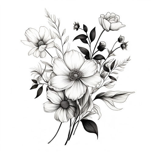 Black and white drawing of flowers, feminine style, cottagecore