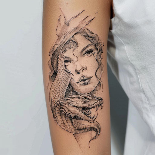 Women's forearm tattoos in the style of David Palumbo with mythical creatures