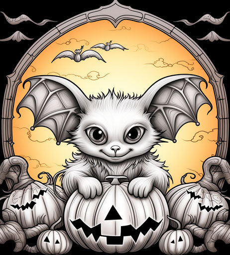 Bat and pumpkin and moon Halloween coloring page