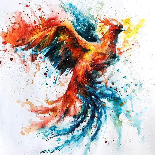 Explosive rebirth of a phoenix on a white canvas