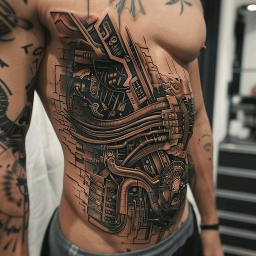 Cyberpunk-themed stomach tattoos for men