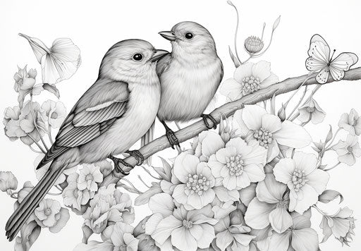 Birds sitting on flowers, detailed line work style