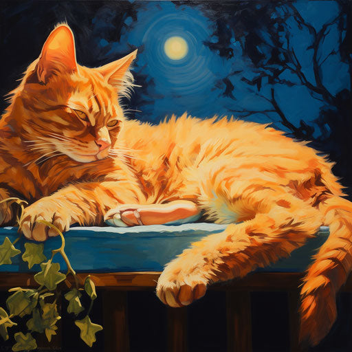 Orange cat lying outside at night