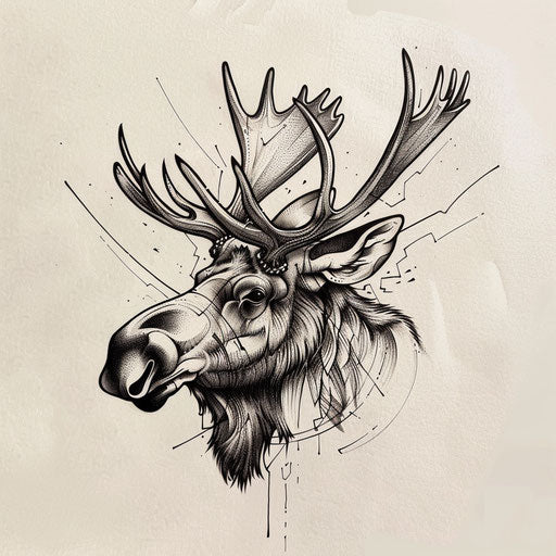 Flat tattoo sketch of a moose with minimalist clean lines and subtle gradient