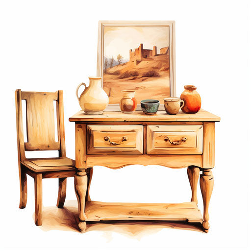 Furniture clipart in the style of oil painting, on white background