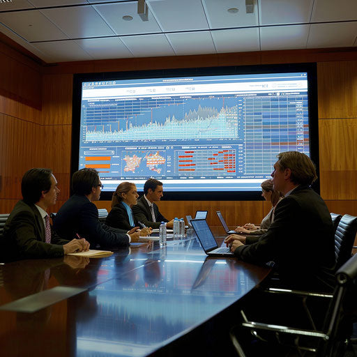 Strategy meeting for executives, detailed financial charts on large screen