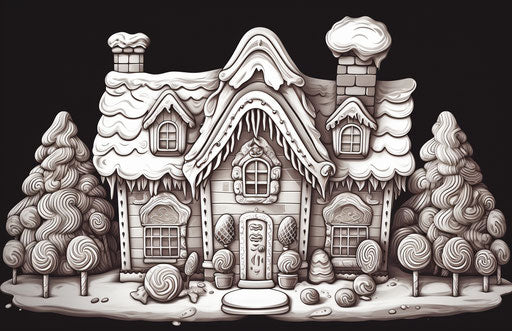 Cute gingerbread house coloring page, detailed and intricate style