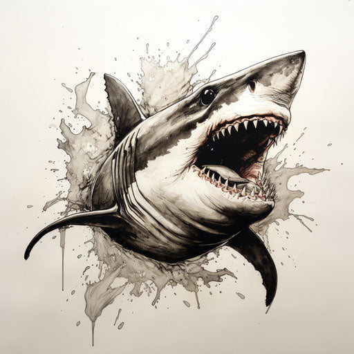 Black and white illustration of a shark, necronomicon style
