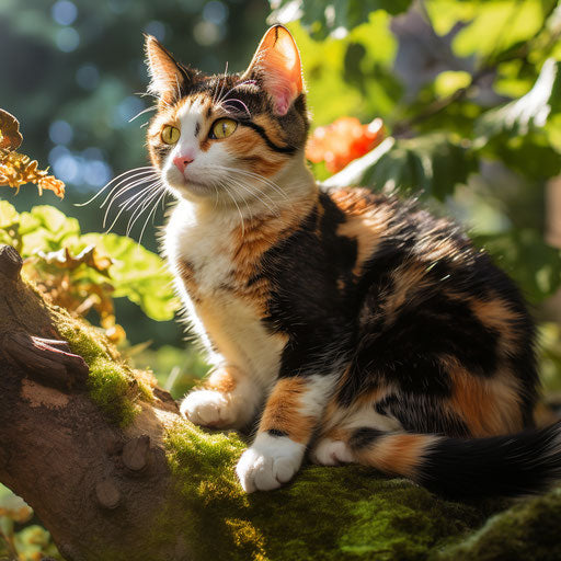 calico cat lying on a tree branch