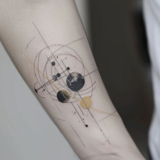 Abstract geometric tattoo of Persephone in black and metallic gold