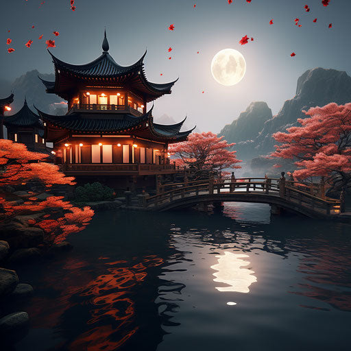 Chinese temple on water, nightcore style, zen buddhism influence