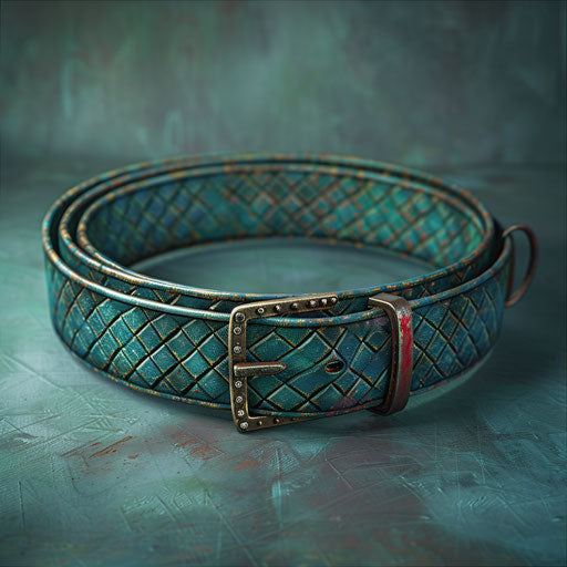 Realistic belt clipart with flat teal background, vibrant contrasts and detailed textures