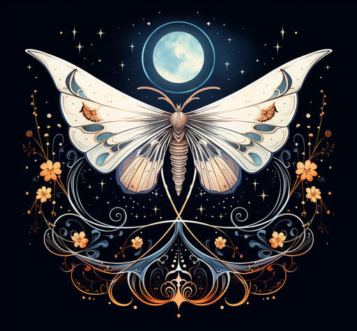 Night butterfly, moon symbols backdrop
