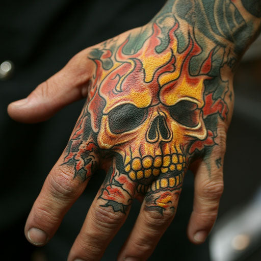 Cool hand tattoos of a flaming skull in Ed Hardy style
