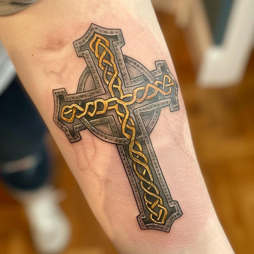 Dual-toned Celtic cross in silver and gold