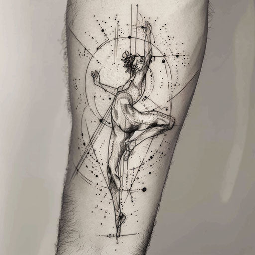 Vivid tattoo sketch of a dancer formed with dynamic dot placement