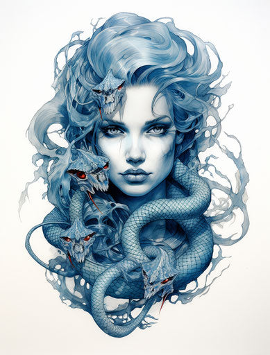 Snake tattoo, detailed marine scenery in portrait style