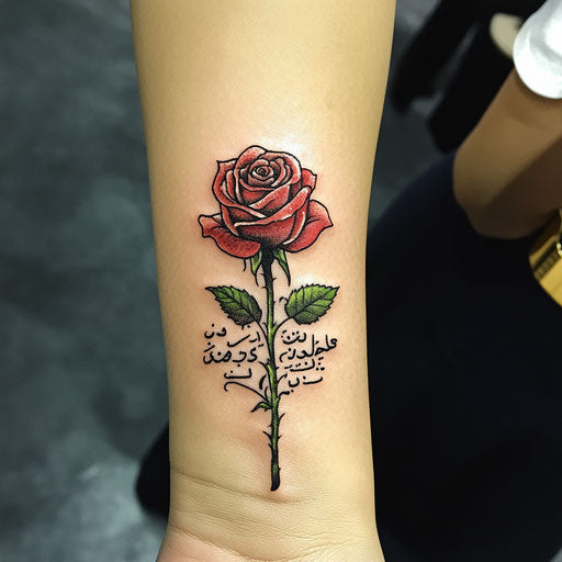 Arabic tattoo with calligraphy within a rose on the wrist