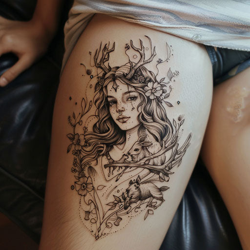 Whimsical flat tattoo sketch of Artemis with cartoon deer and playful motifs