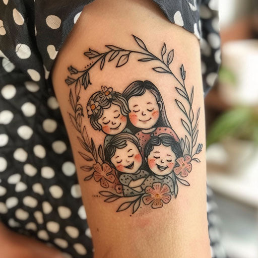 Elegant flat tattoo sketch for mom and 3 children