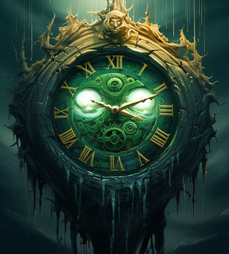 A green clock with a white face and green, creepypasta style