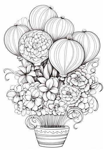 Birthday cake with balloons and canaries coloring page