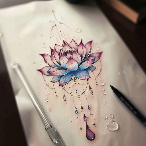 Sketch of a mystical lotus flower tattoo with water droplets, soft colors and delicate details