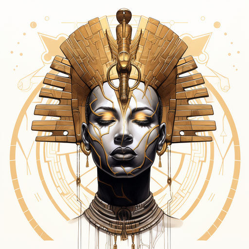 Pharaoh Drawing, Minimalist Linework Style, Kintsugi, African Influence, Celestialpunk