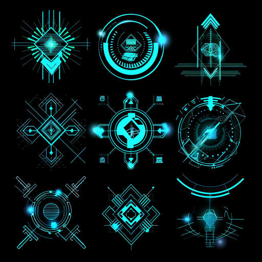 Futuristic logos with neon blue and black elements