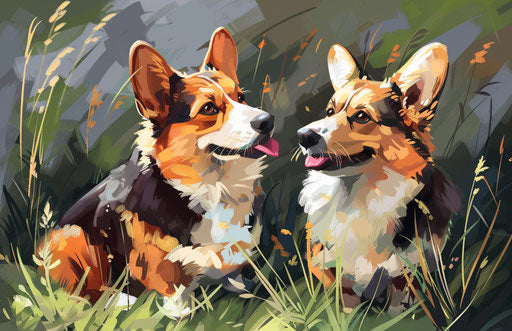 Pair of corgi dogs sitting in the grass, light maroon and light amber style, dark navy and light green, masculine 17:11