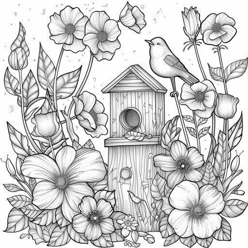 Garden scene with birdhouse and flowers