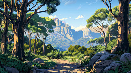 Australian national park in cartoon style, Mount Wellington and trees visible