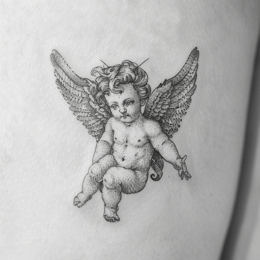 Vintage cherub tattoo with retro aesthetics on white background