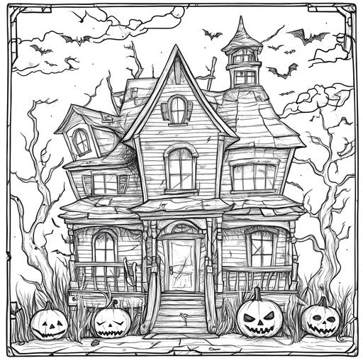 Whimsical haunted house with playful details and spooky characters