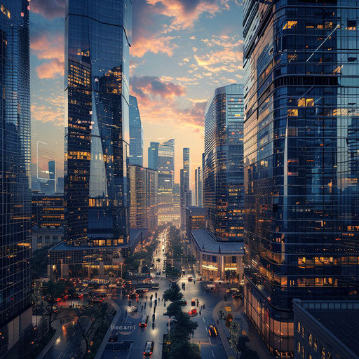 High-powered financial district at dusk illustration