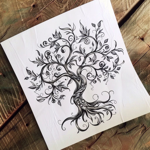 Art nouveau inspired tree of life tattoo on white paper