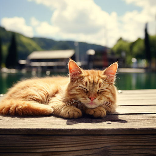 Orange cat lying on a dock