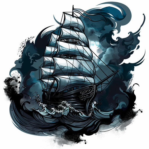 Eerie tattoo sketch of a ship sailing in stormy seas