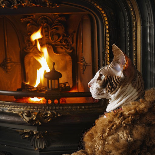 Cornish rex cat in front of a fire in a fireplace