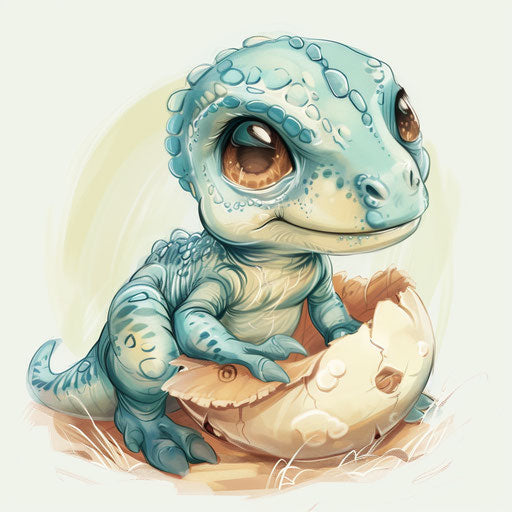 Charming flat tattoo sketch of a baby T rex hatching, pastel blues and greens