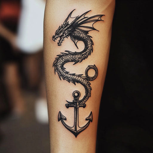 Dragon arm tattoo with dragon coiled around a nautical anchor