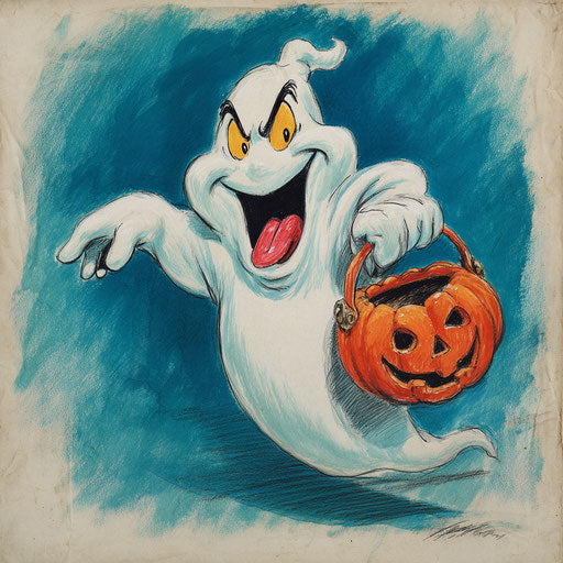 Playful Ghost with a Halloween Pumpkin Bucket