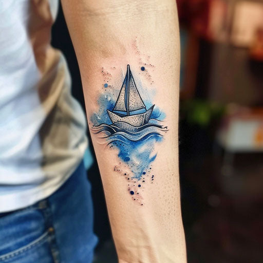 Stylish minimalist tattoo sketch of a paper boat floating on a watercolor blue sea