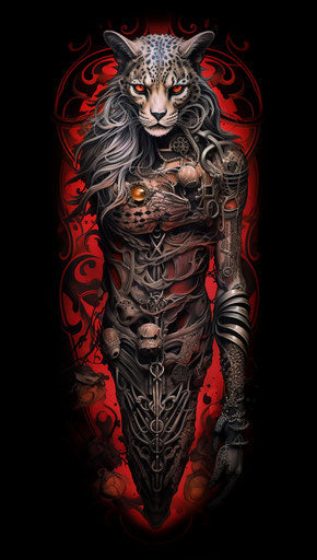 Full sleeve tattoo with cheetah in gothic steampunk style