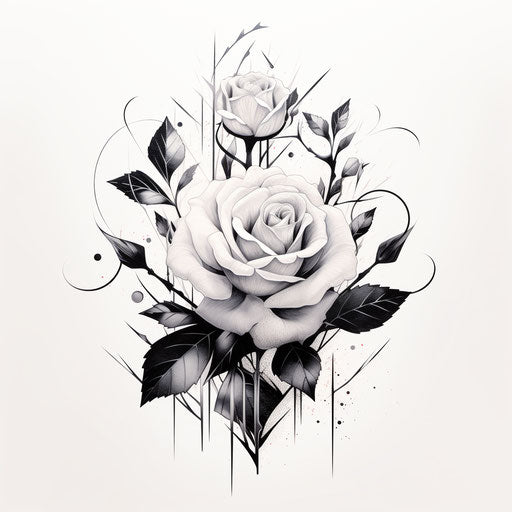 Black and White Rose Tattoo Design with Leaf Pattern